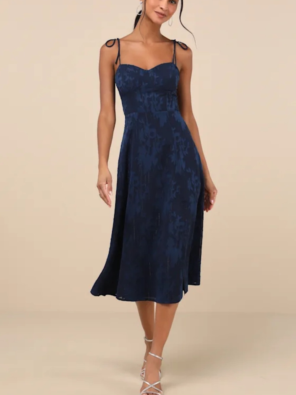 Lulus Loveliest Looks Navy Blue Floral Jacquard Tie-Strap Midi Dress